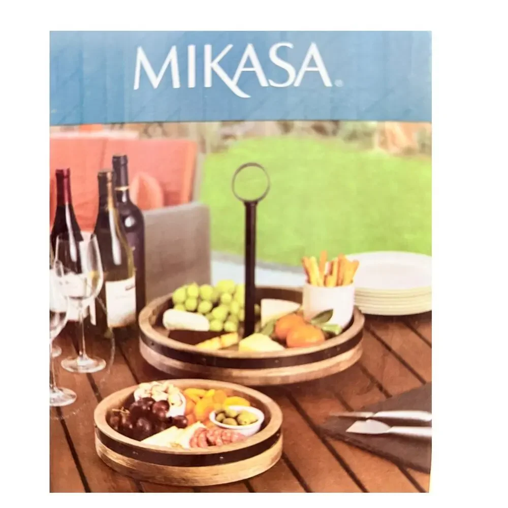 Mikasa 2 Tier Lazy Susan Burnished Iron Band Mango Wood Trays 2in1 Convertible!
